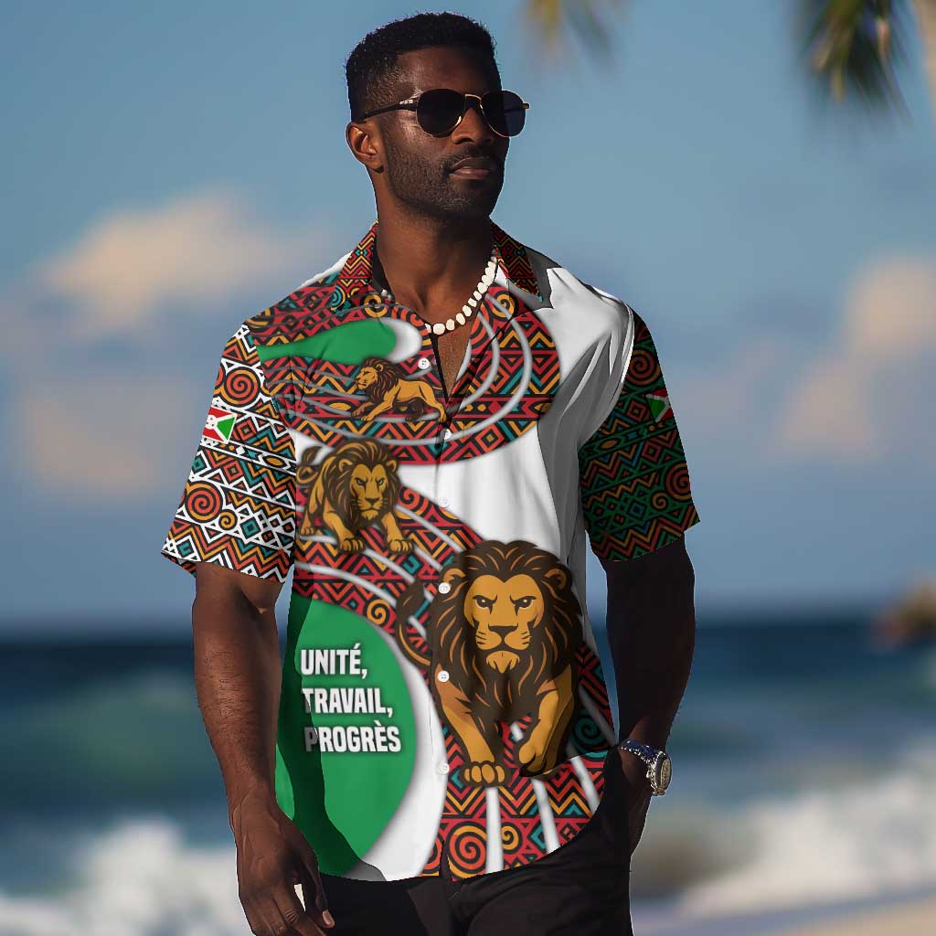 Burundi Lion Tribal Pattern Hawaiian Shirt - National Motto Unité Travail Progrès TS04