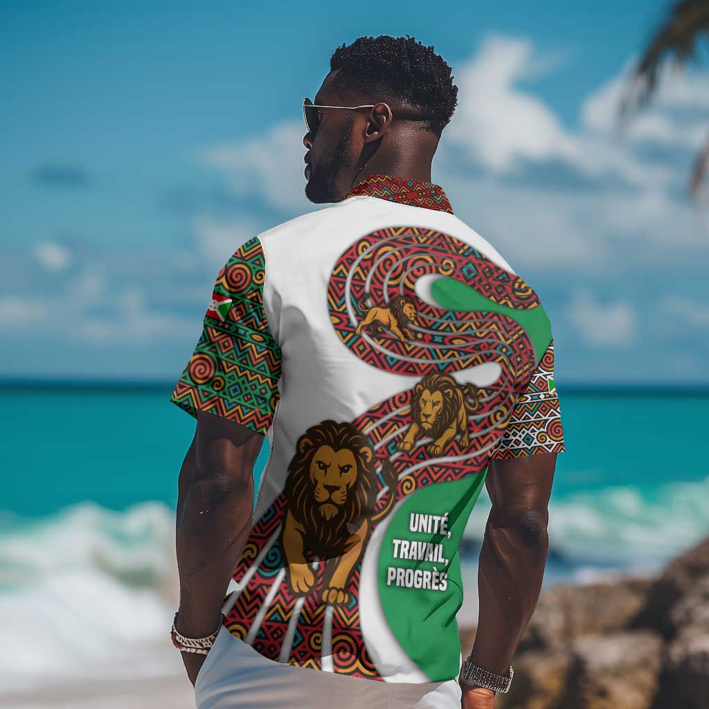 Burundi Lion Tribal Pattern Hawaiian Shirt - National Motto Unité Travail Progrès TS04