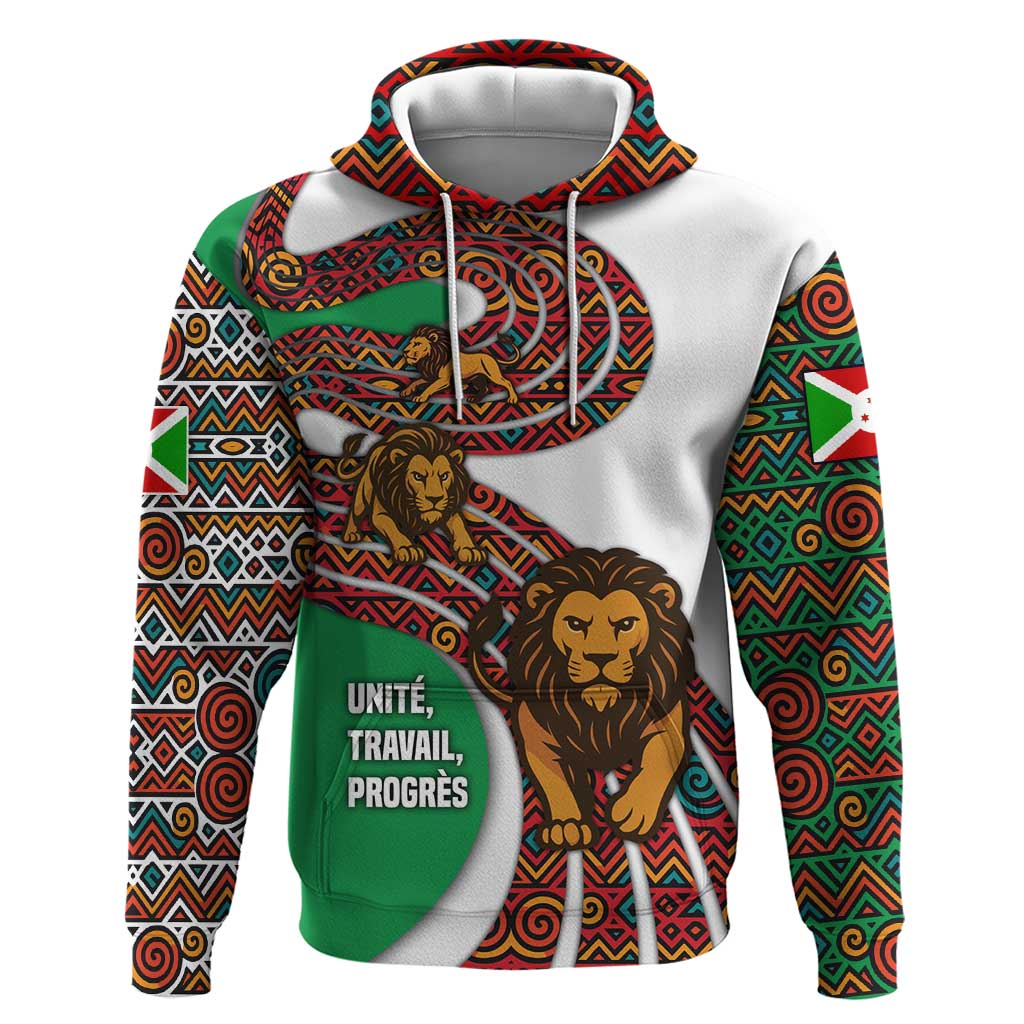 Burundi Lion Tribal Pattern Hoodie with National Motto Unité Travail Progrès TS04