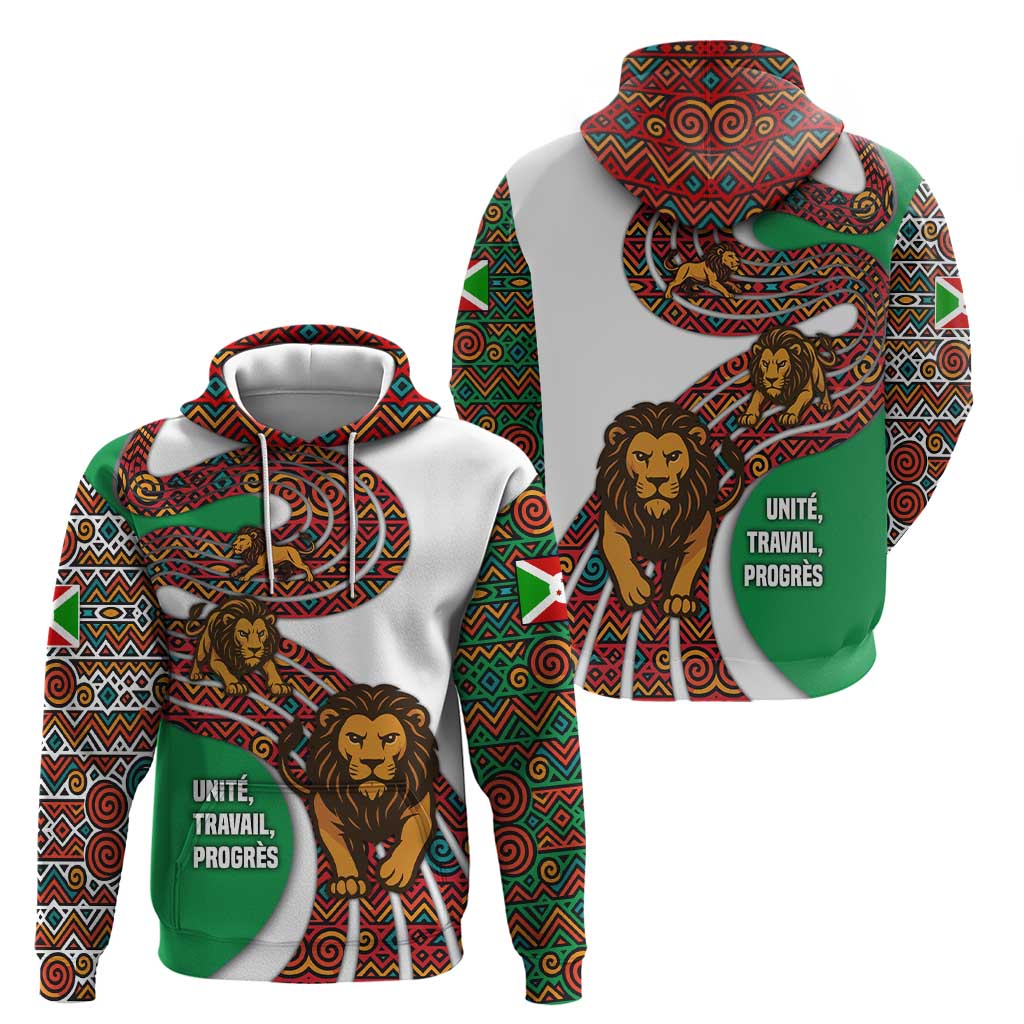 Burundi Lion Tribal Pattern Hoodie with National Motto Unité Travail Progrès TS04