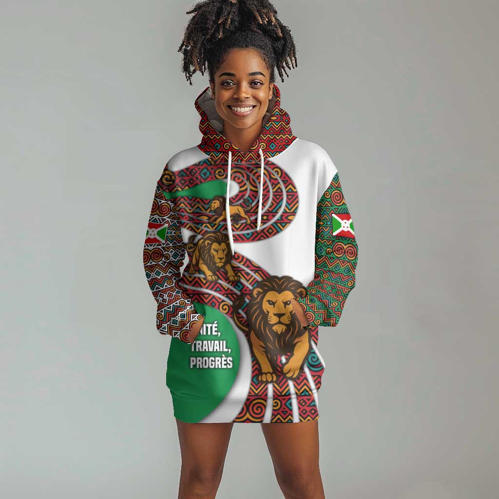 Burundi Lion Tribal Pattern Hoodie Dress - National Motto Unité Travail Progrès TS04