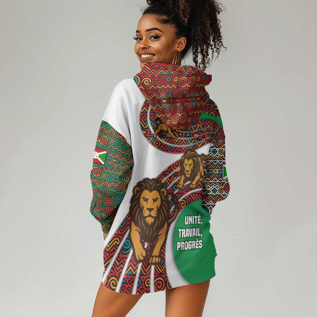 Burundi Lion Tribal Pattern Hoodie Dress - National Motto Unité Travail Progrès TS04