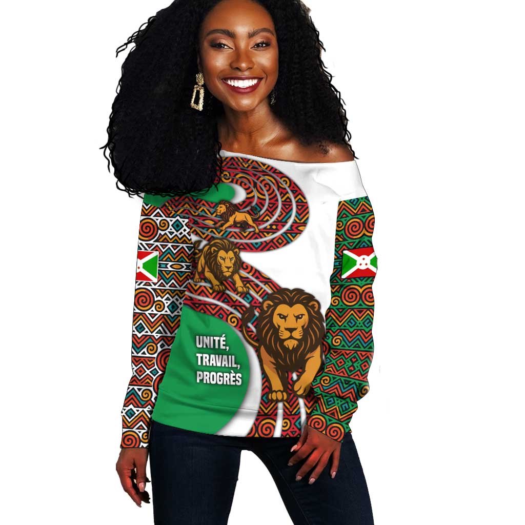Burundi Lion Tribal Pattern Off Shoulder Sweater - National Motto Unité Travail Progrès TS04