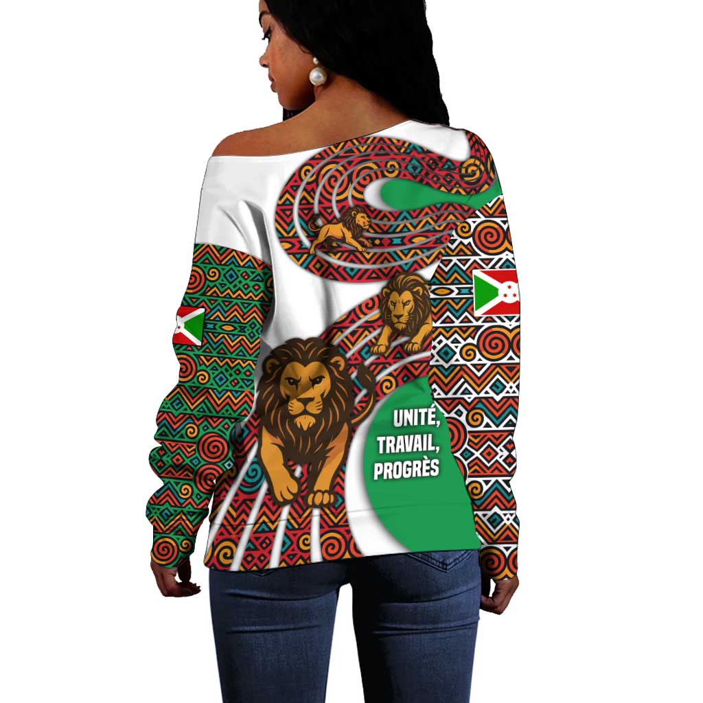 Burundi Lion Tribal Pattern Off Shoulder Sweater - National Motto Unité Travail Progrès TS04