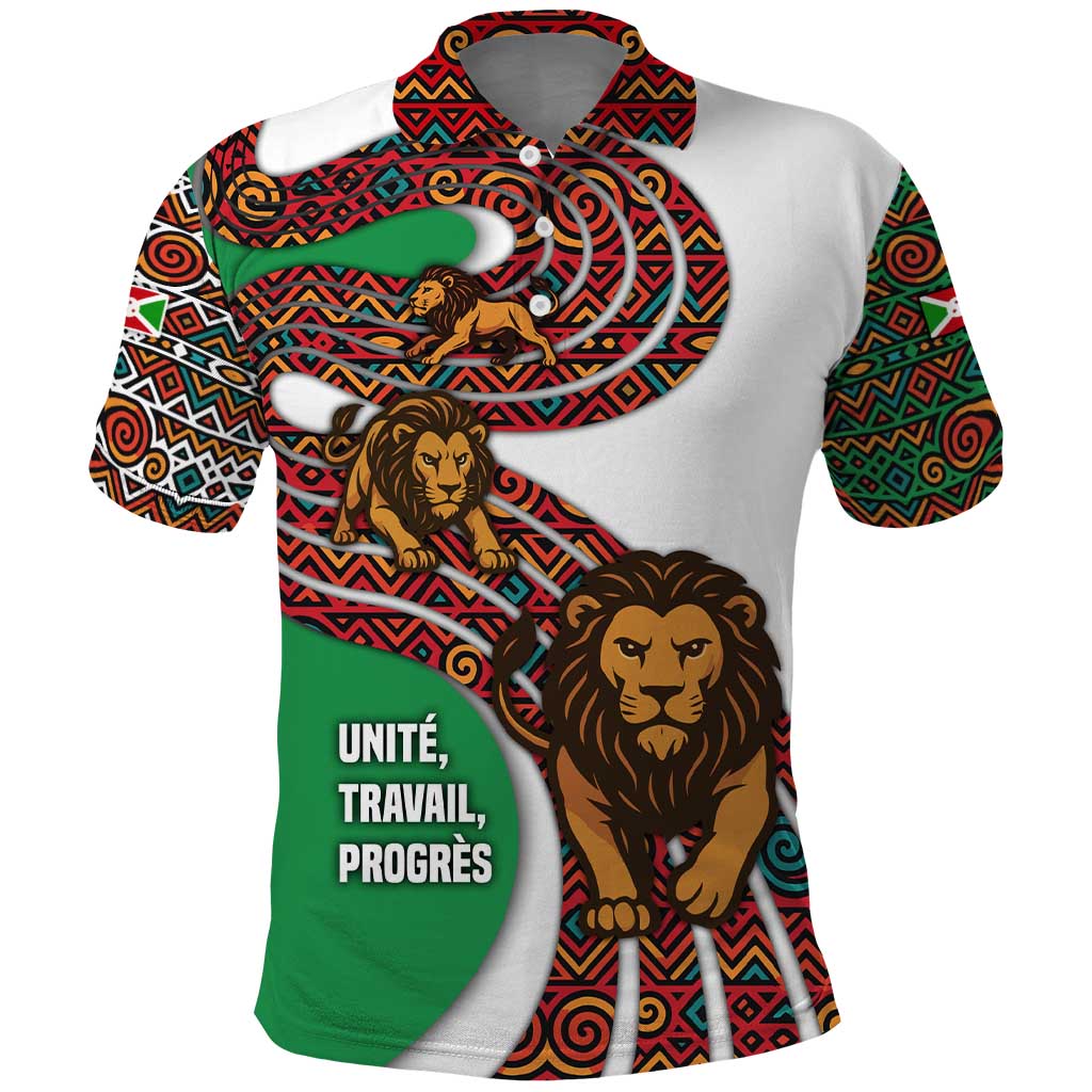 Burundi Lion Tribal Pattern Polo Shirt with National Motto Unité Travail Progrès TS04