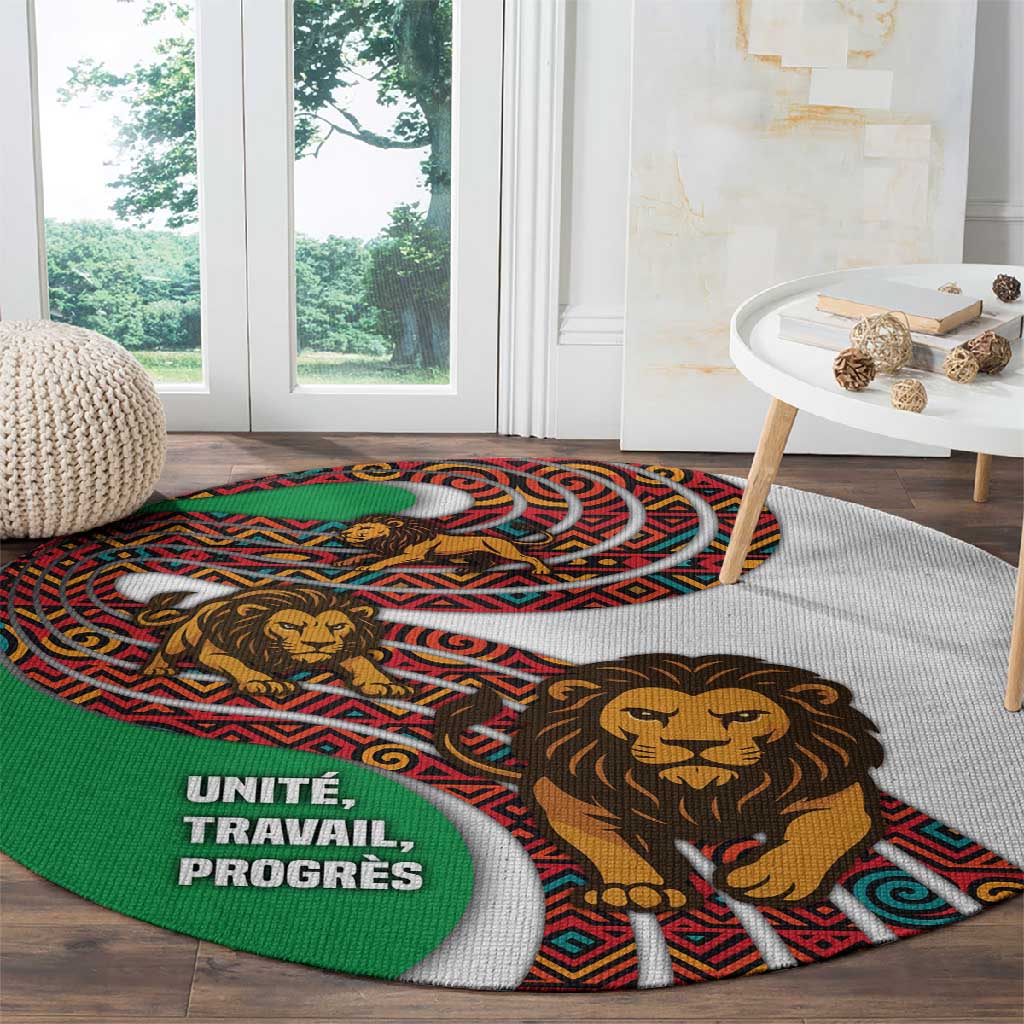 Burundi Lion Tribal Pattern Round Carpet - National Motto Unité Travail Progrès TS04