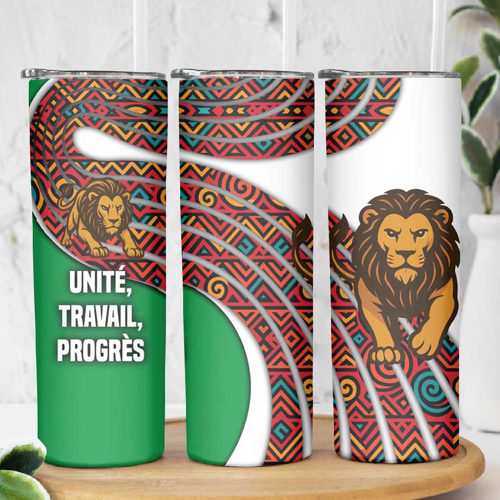 Burundi Lion Tribal Pattern Skinny Tumbler - National Motto Unité Travail Progrès TS04