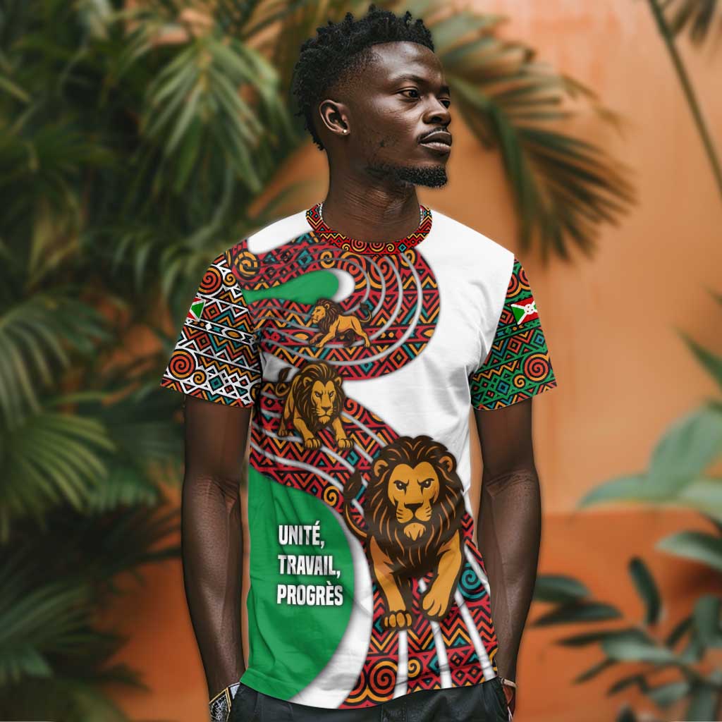 Burundi Lion Tribal Pattern T shirt - National Motto Unité Travail Progrès TS04