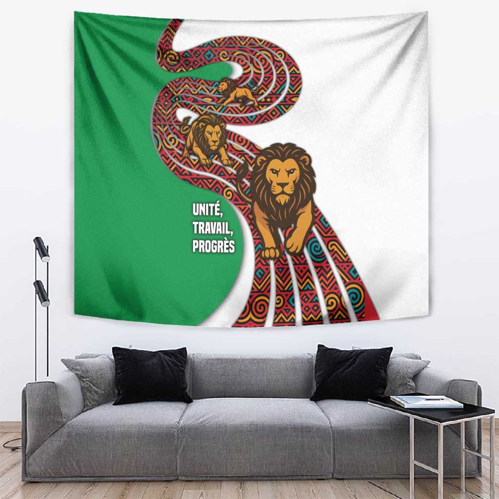 Burundi Lion Tribal Pattern Tapestry - National Motto Unité Travail Progrès TS04