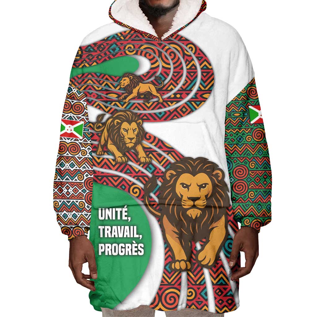 Burundi Lion Tribal Pattern Wearable Blanket Hoodie - National Motto Unité Travail Progrès TS04