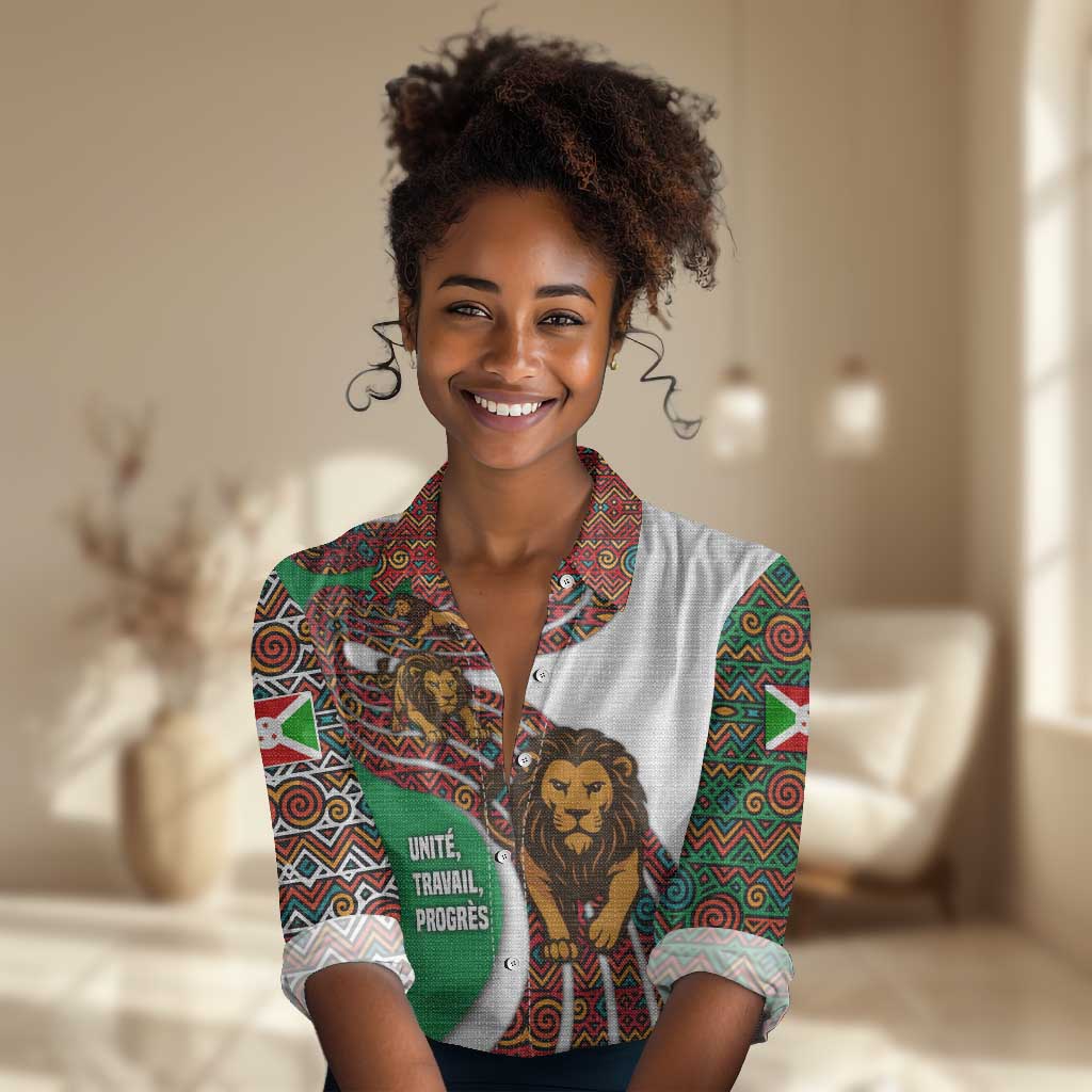 Burundi Lion Tribal Pattern Women Casual Shirt - National Motto Unité Travail Progrès TS04