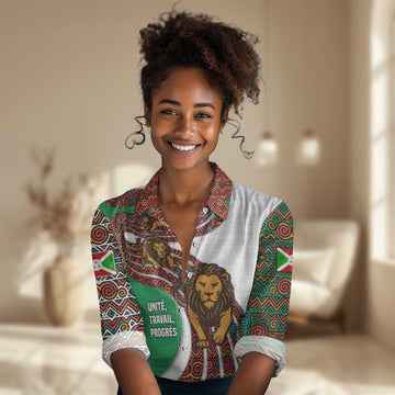 Burundi Lion Tribal Pattern Women Casual Shirt - National Motto Unité Travail Progrès TS04