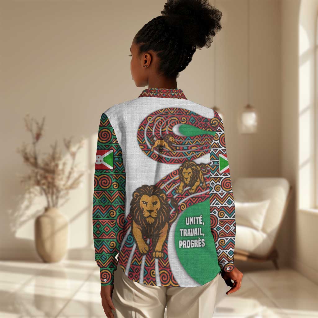 Burundi Lion Tribal Pattern Women Casual Shirt - National Motto Unité Travail Progrès TS04