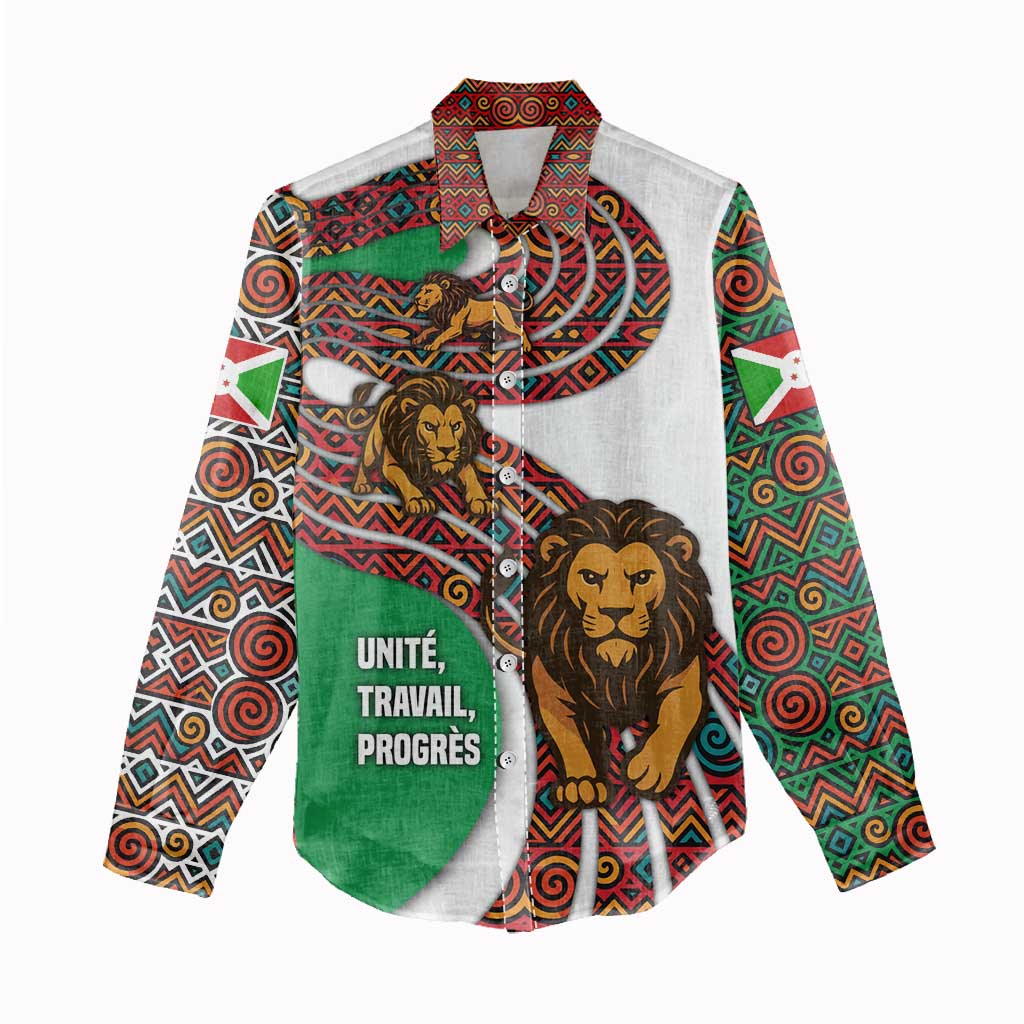 Burundi Lion Tribal Pattern Women Casual Shirt - National Motto Unité Travail Progrès TS04