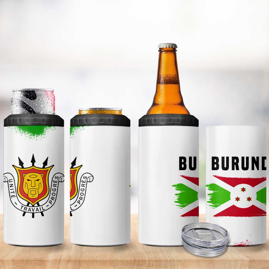 Burundi Flag 4 in 1 Can Cooler Tumbler with National Emblem and Motto Unité Travail Progres TS04
