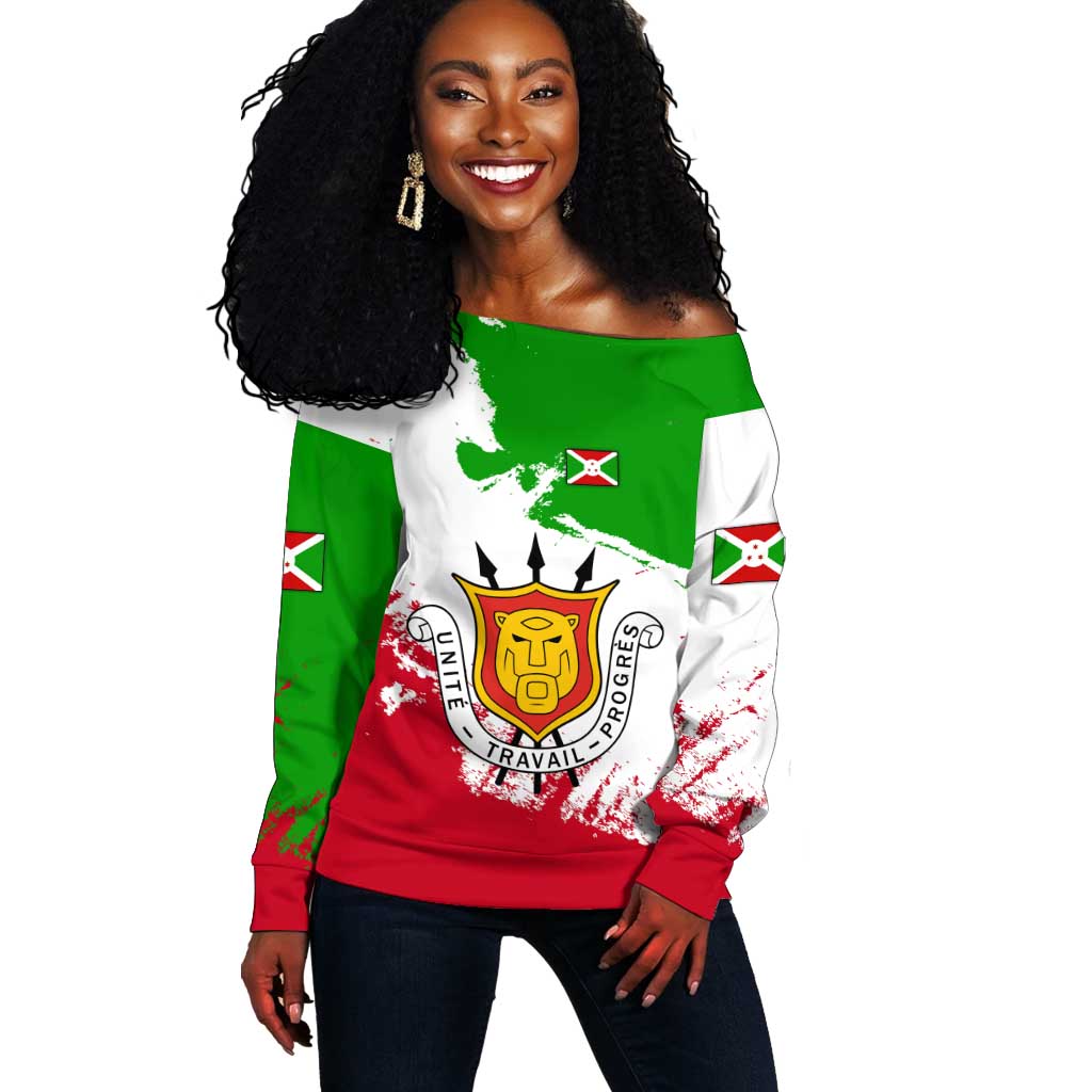 Burundi Flag Off Shoulder Sweater with National Emblem and Motto Unité Travail Progres TS04