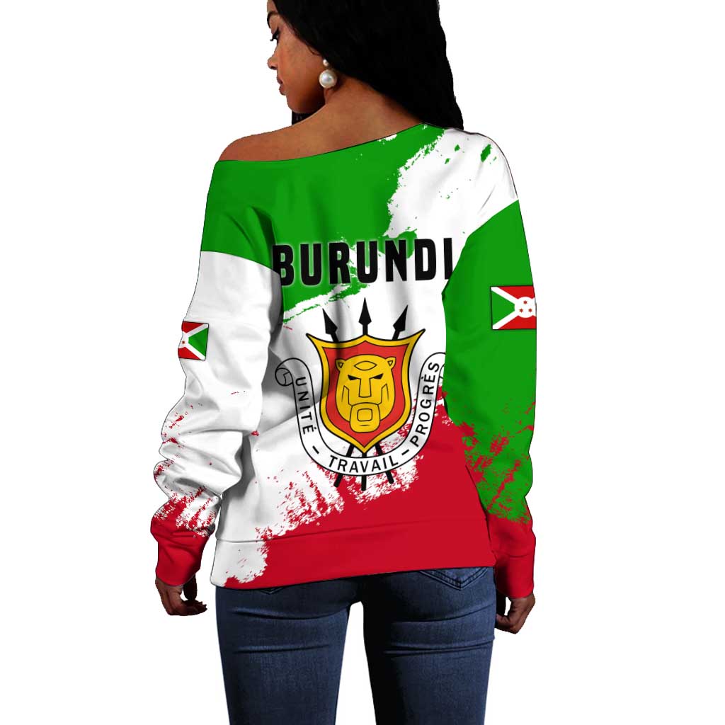 Burundi Flag Off Shoulder Sweater with National Emblem and Motto Unité Travail Progres TS04