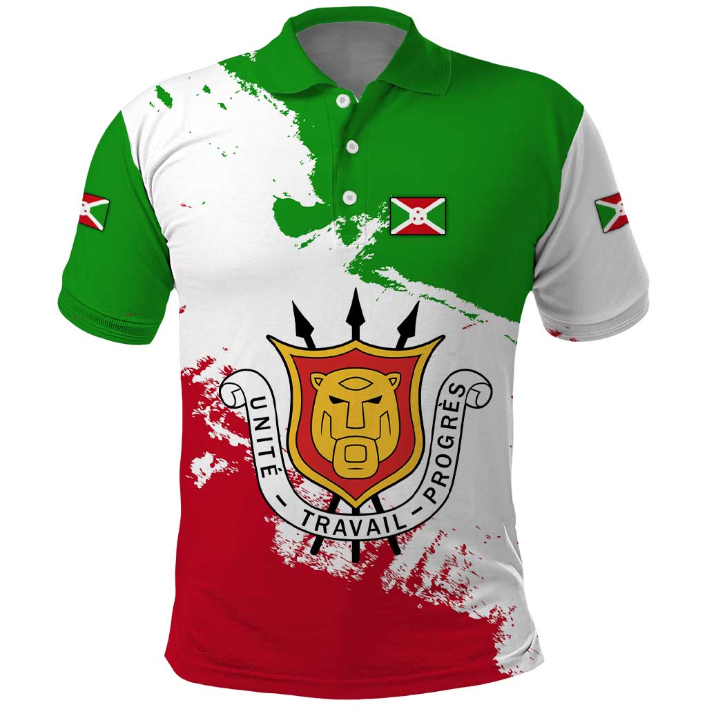 Burundi Flag Polo Shirt with National Emblem and Motto Unité Travail Progres TS04