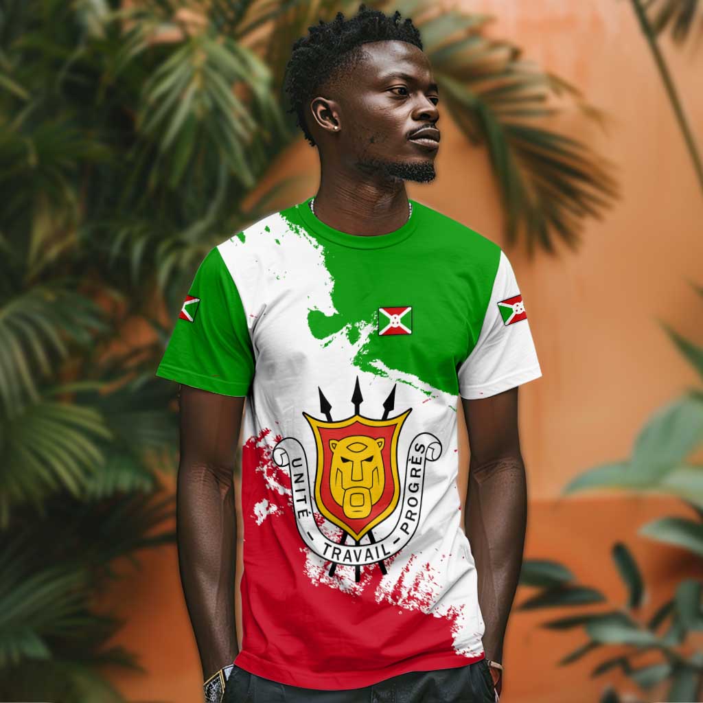 Burundi Flag T shirt with National Emblem and Motto Unité Travail Progres TS04
