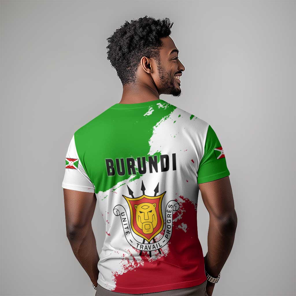 Burundi Flag T shirt with National Emblem and Motto Unité Travail Progres TS04