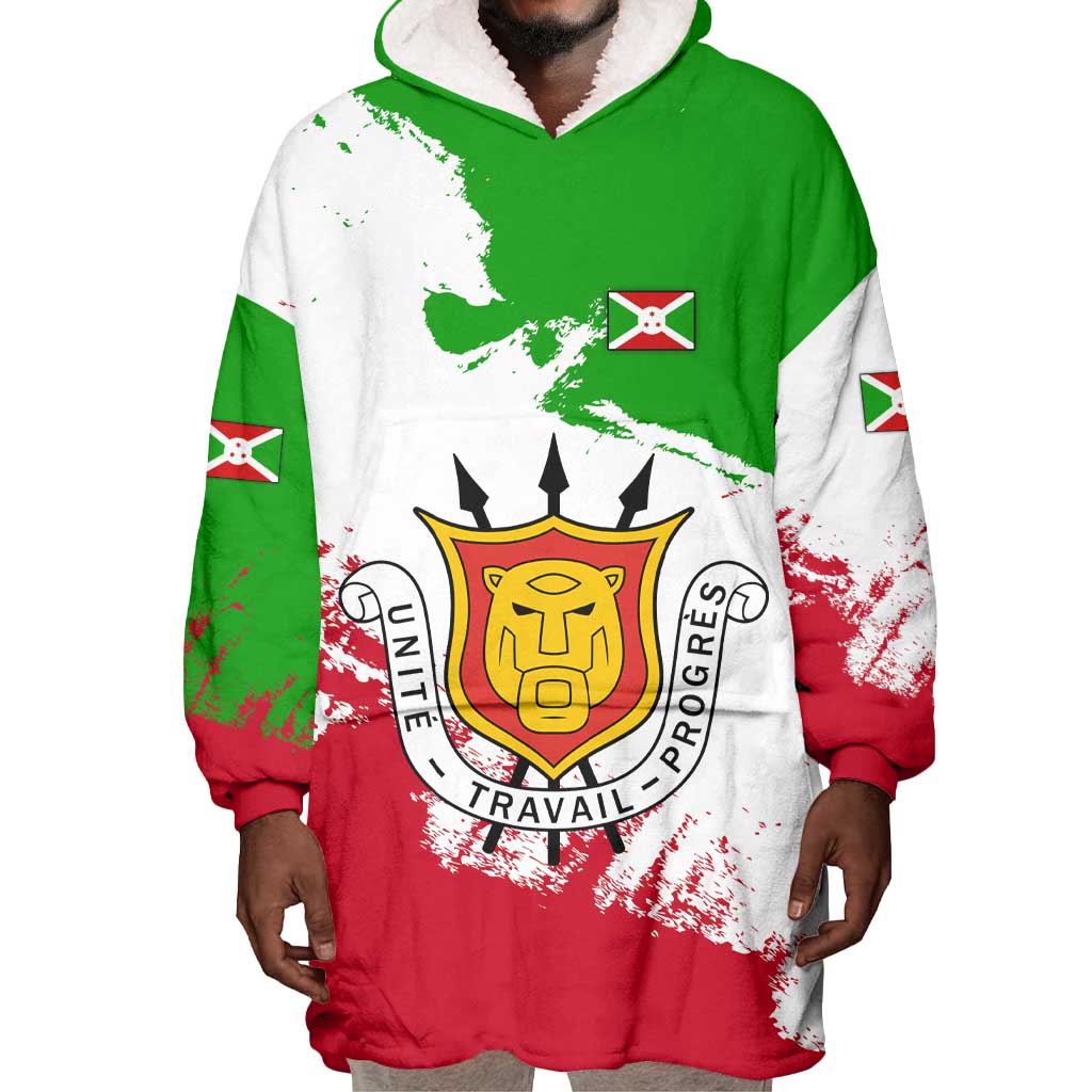 Burundi Flag Wearable Blanket Hoodie with National Emblem and Motto Unité Travail Progres TS04