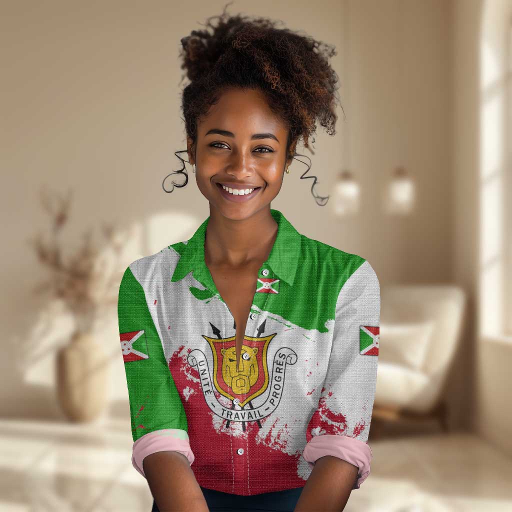 Burundi Flag Women Casual Shirt with National Emblem and Motto Unité Travail Progres TS04