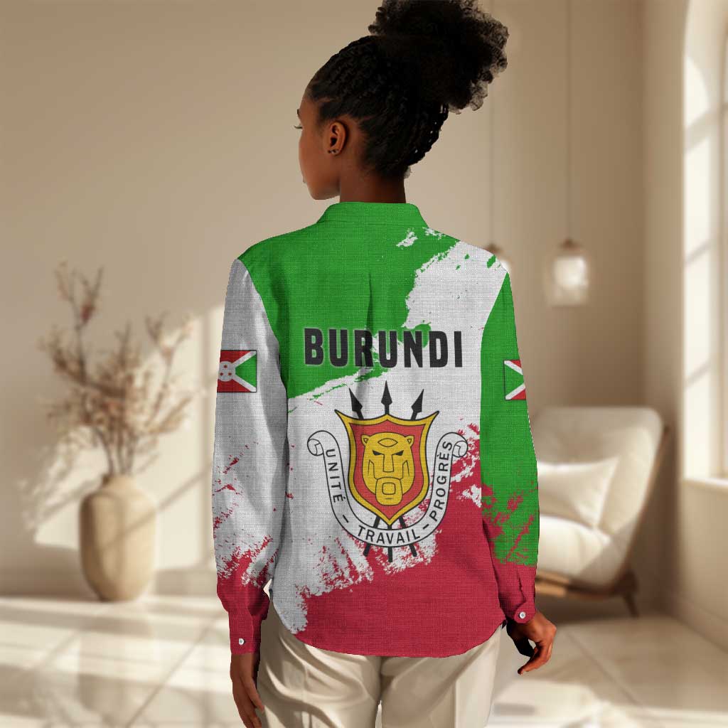 Burundi Flag Women Casual Shirt with National Emblem and Motto Unité Travail Progres TS04