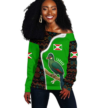 Burundi Turaco Off Shoulder Sweater with National Bird and Flag Pattern TS04
