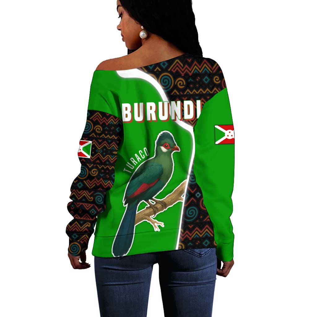 Burundi Turaco Off Shoulder Sweater with National Bird and Flag Pattern TS04