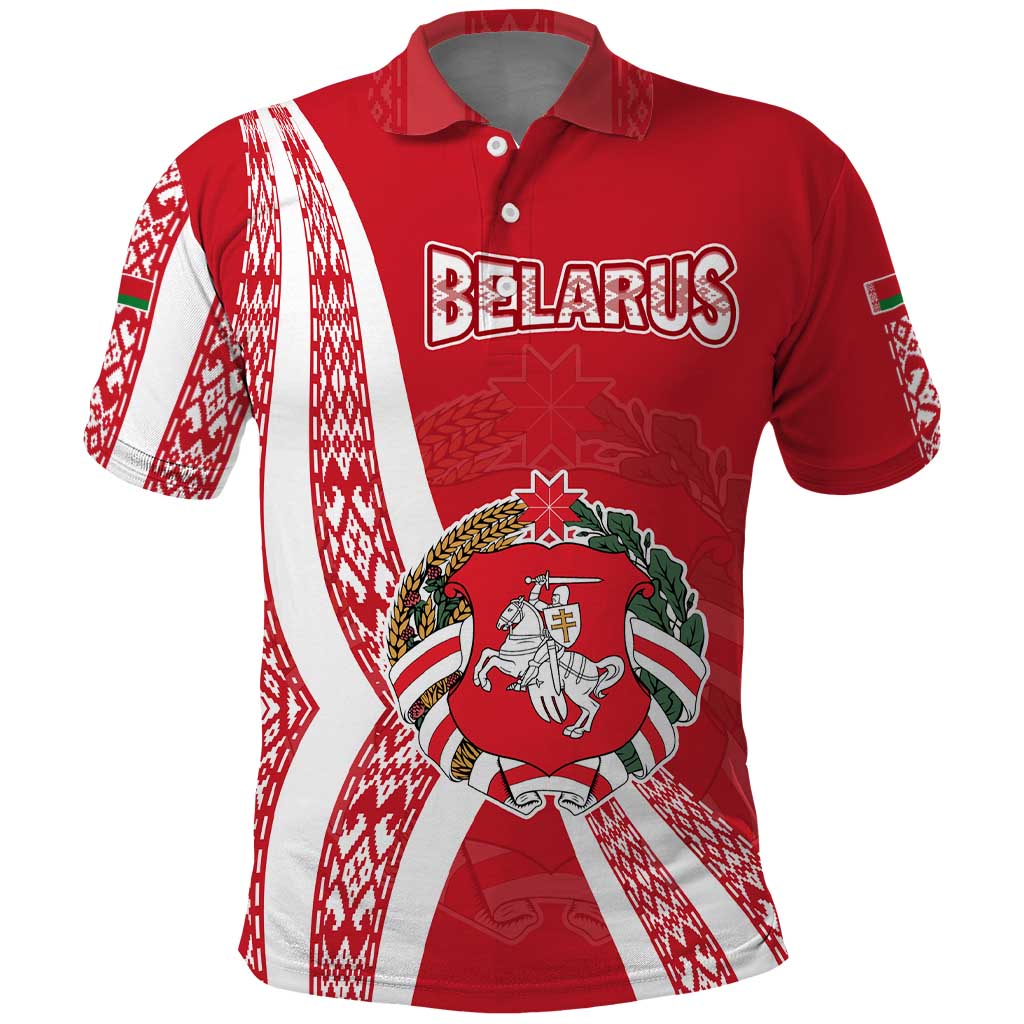 Belarus Polo Shirt with National Emblem and Traditional Pattern Red TS04