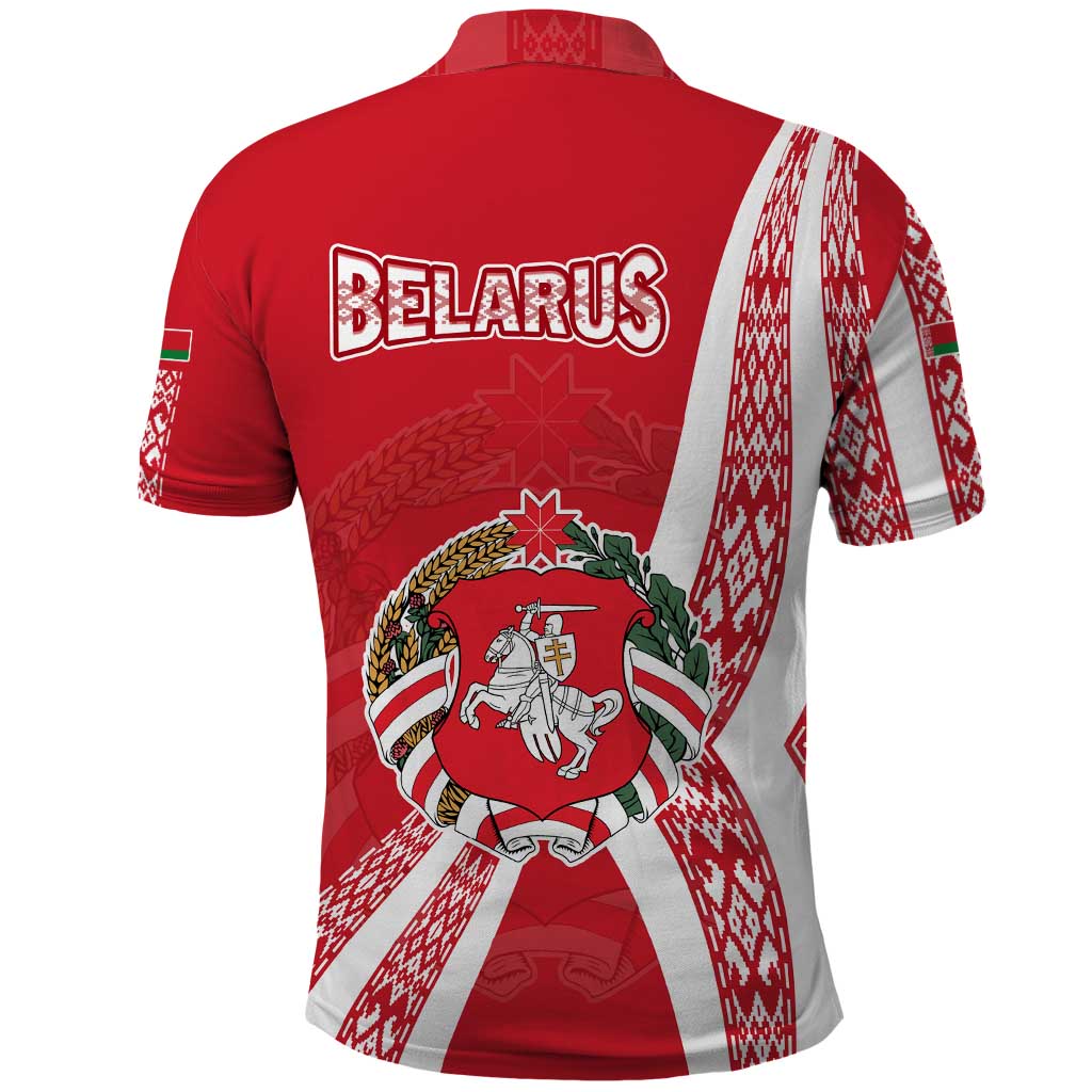 Belarus Polo Shirt with National Emblem and Traditional Pattern Red TS04