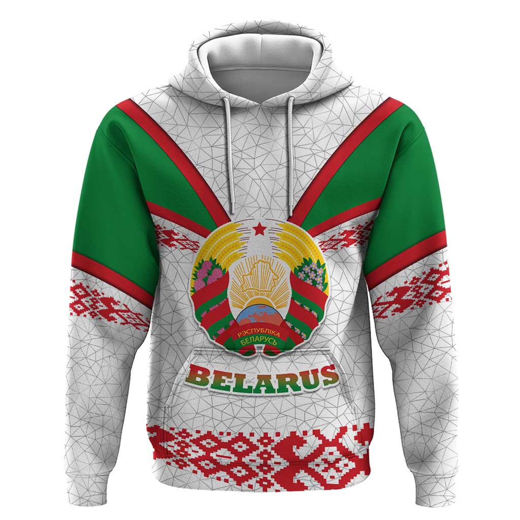 Belarus National Emblem Hoodie with Folk Pattern White Green Red Sweatshirt TS04