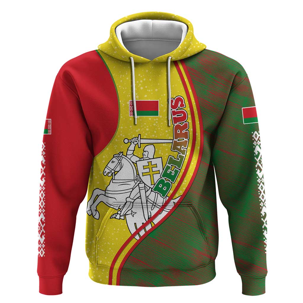 Belarus Pahonia Knight Crest Hoodie with Red Green Yellow Folk Pattern Design TS04