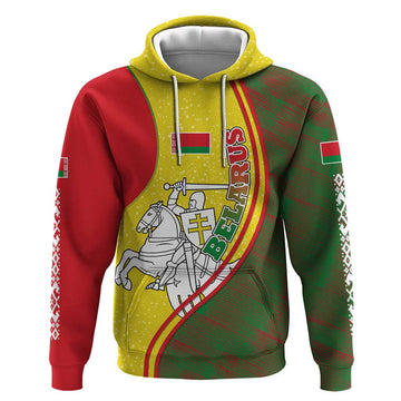 Belarus Pahonia Knight Crest Hoodie with Red Green Yellow Folk Pattern Design TS04