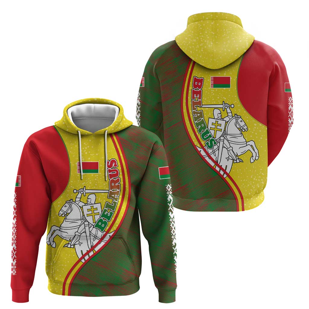 Belarus Pahonia Knight Crest Hoodie with Red Green Yellow Folk Pattern Design TS04