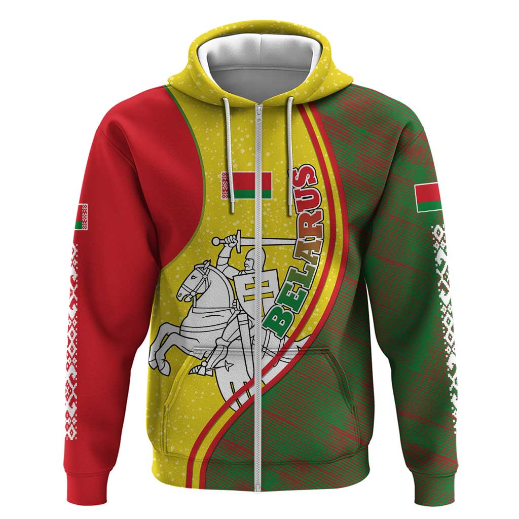 Belarus Pahonia Knight Crest Hoodie with Red Green Yellow Folk Pattern Design TS04
