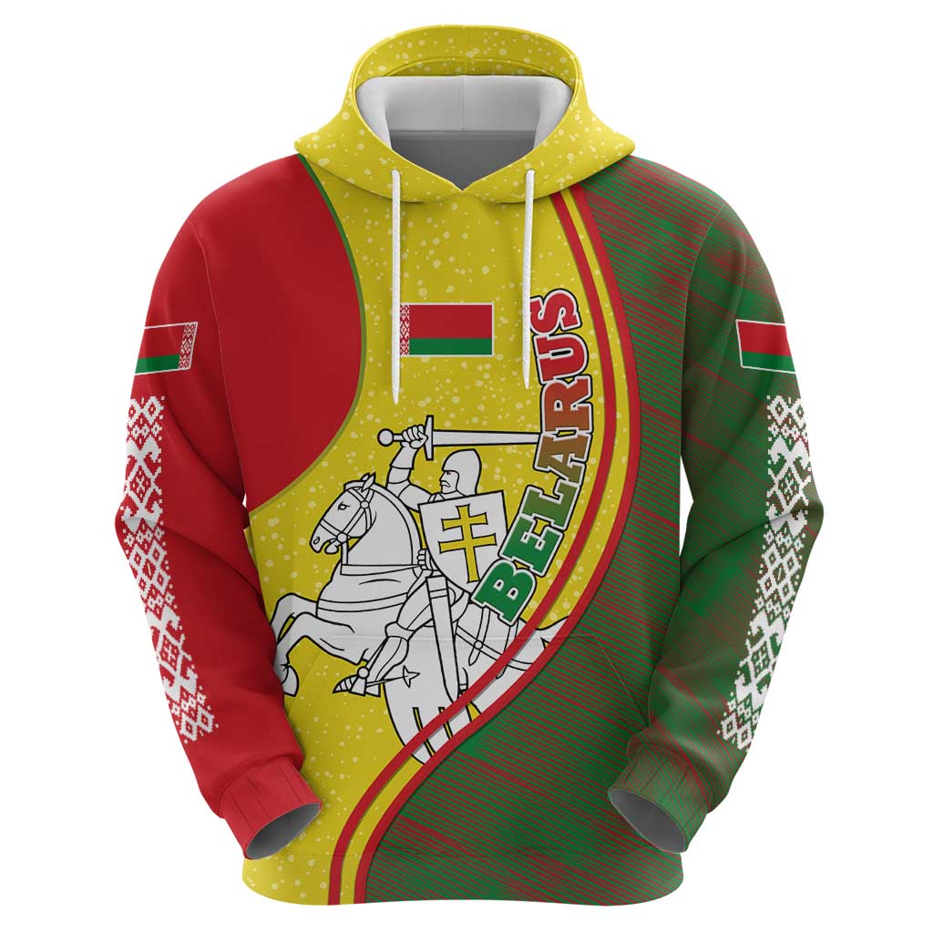 Belarus Pahonia Knight Crest Hoodie with Red Green Yellow Folk Pattern Design TS04