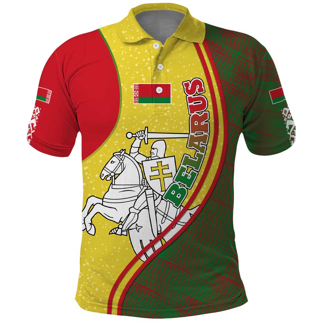Belarus Pahonia Knight Crest Polo Shirt with Red Green Yellow Folk Pattern Design TS04
