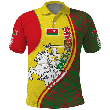 Belarus Pahonia Knight Crest Polo Shirt with Red Green Yellow Folk Pattern Design TS04