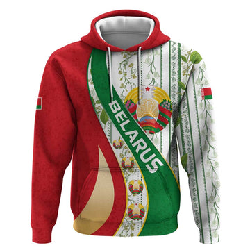 Belarus National Emblem Hoodie with Green Red Gold Floral Folk Pattern Design TS04