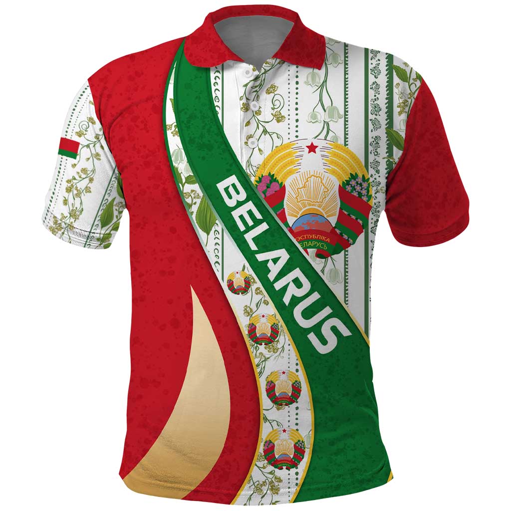 Belarus National Emblem Polo Shirt with Green Red Gold Floral Folk Pattern Design TS04