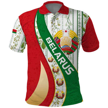 Belarus National Emblem Polo Shirt with Green Red Gold Floral Folk Pattern Design TS04