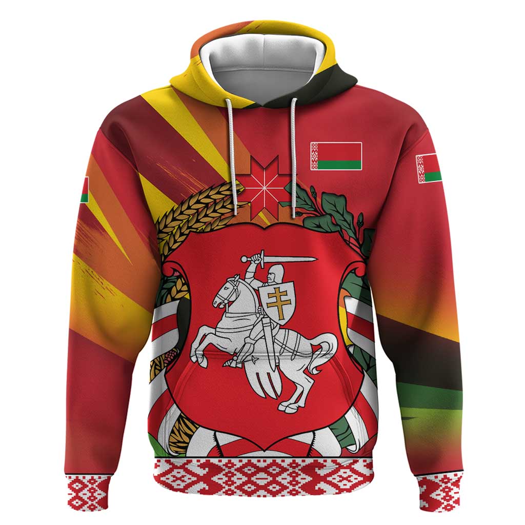 Belarus Red and Yellow National Crest Hoodie with Pahonia Knight and Folk Motif Design TS04