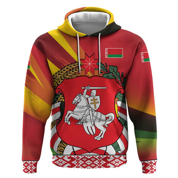 Belarus Red and Yellow National Crest Hoodie with Pahonia Knight and Folk Motif Design TS04