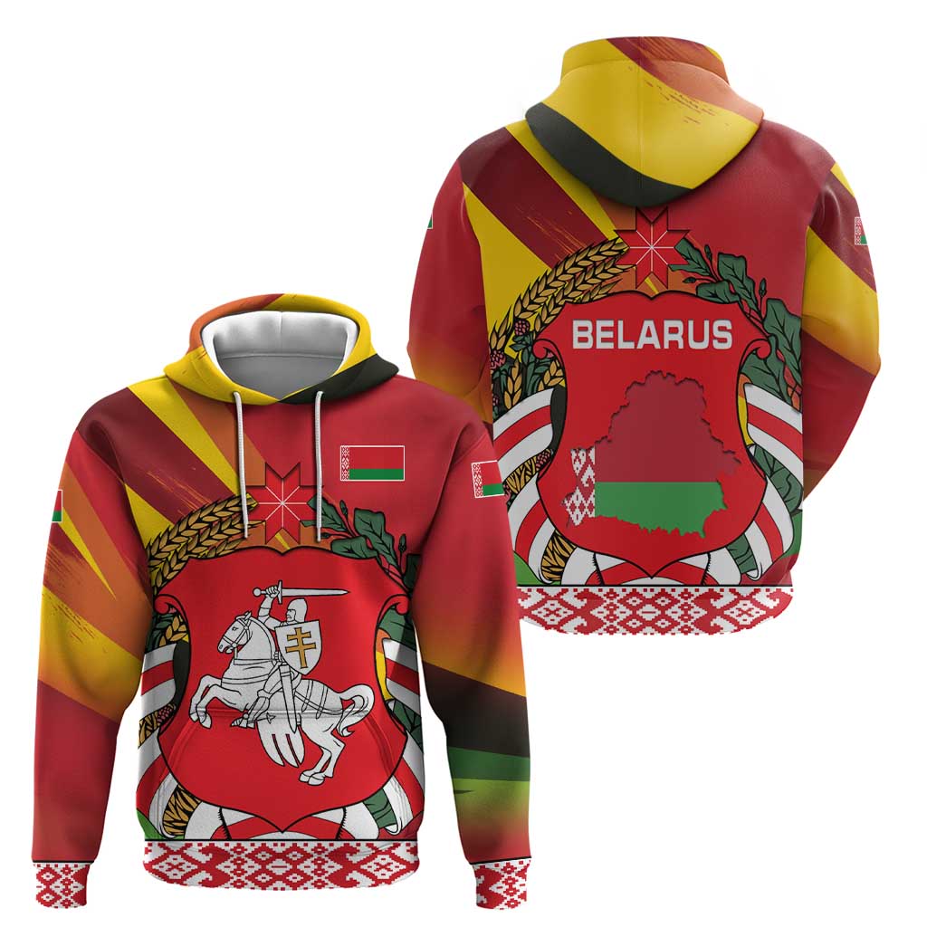 Belarus Red and Yellow National Crest Hoodie with Pahonia Knight and Folk Motif Design TS04