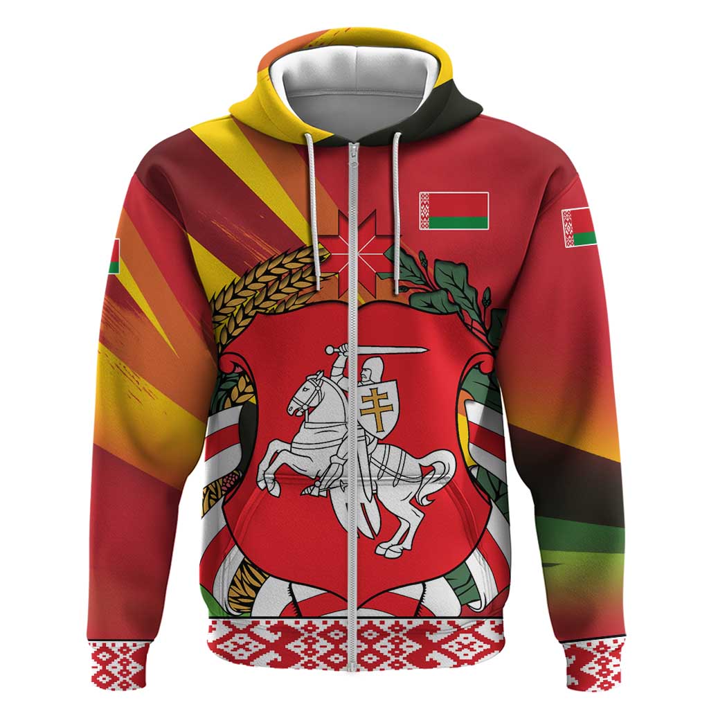 Belarus Red and Yellow National Crest Hoodie with Pahonia Knight and Folk Motif Design TS04