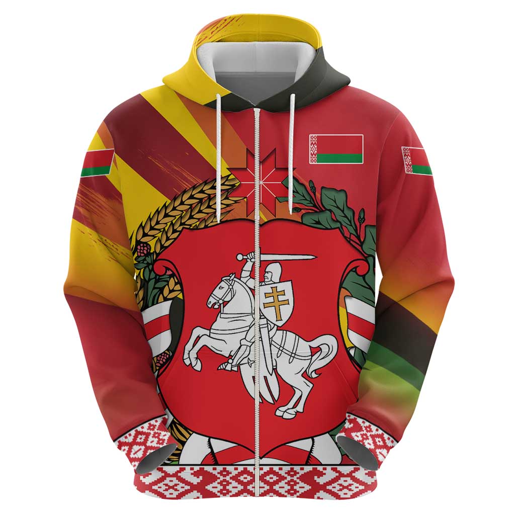 Belarus Red and Yellow National Crest Hoodie with Pahonia Knight and Folk Motif Design TS04