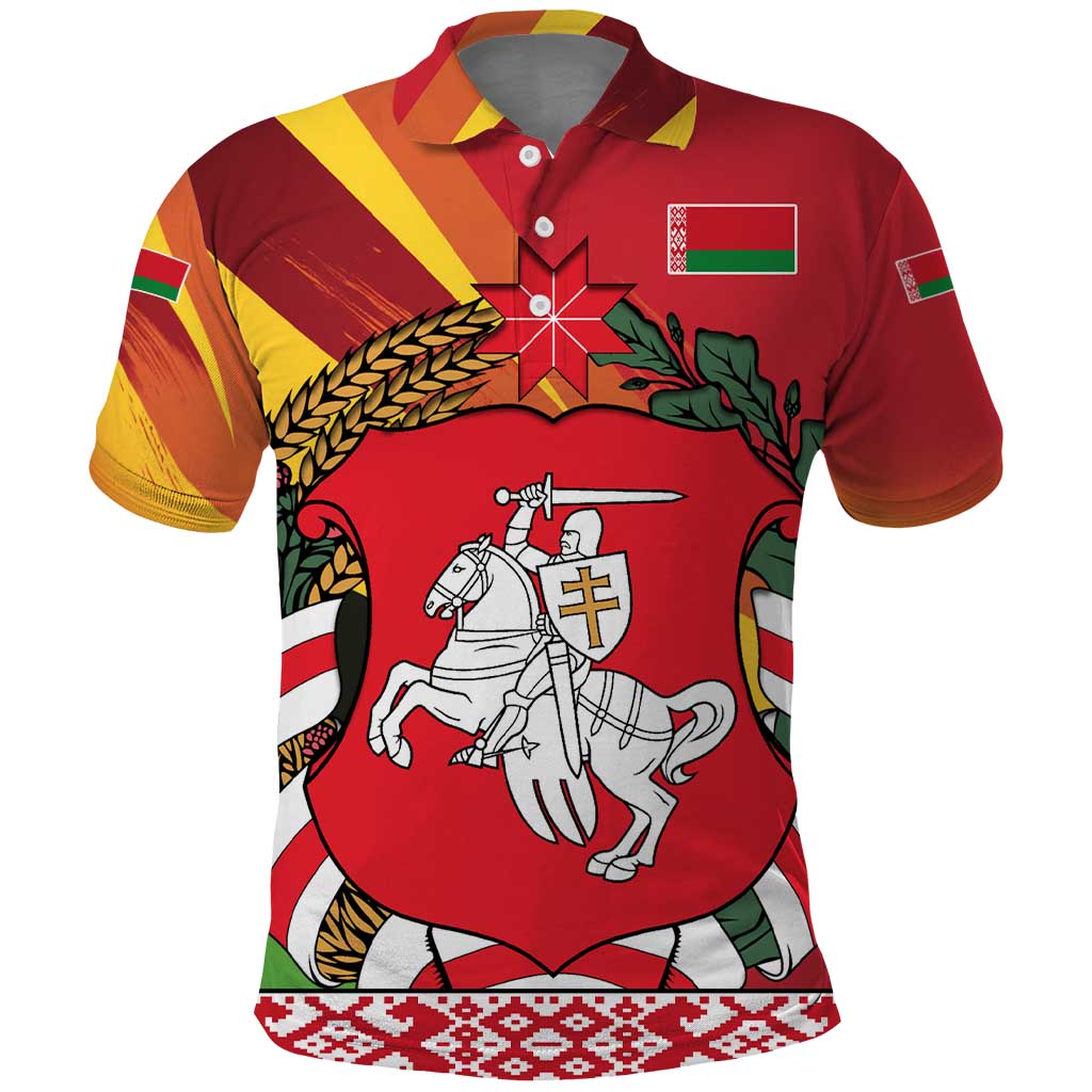 Belarus Red and Yellow National Crest Polo Shirt with Pahonia Knight and Folk Motif Design TS04