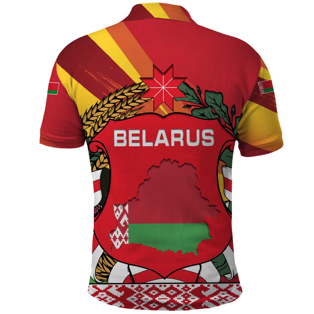 Belarus Red and Yellow National Crest Polo Shirt with Pahonia Knight and Folk Motif Design TS04
