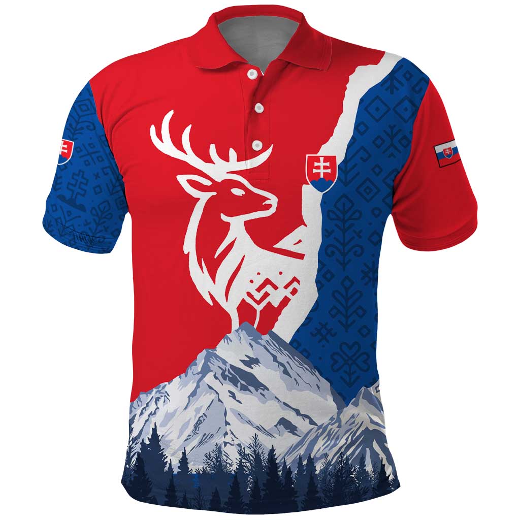 Slovakia  Red Blue Deer and Mountain Design Polo Shirt with National Symbols TS04